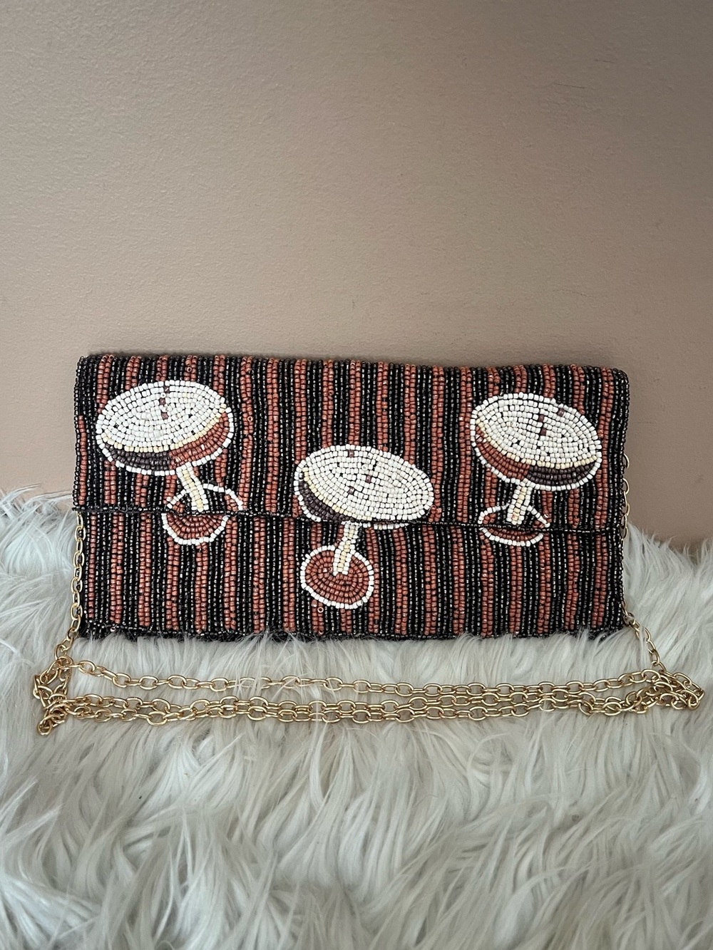{Rachel Zoe} Beaded Espresso Martini Striped Clutch Purse with Chain Strap